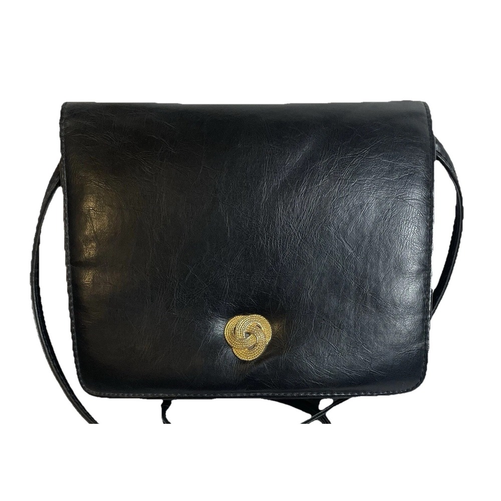 Bueno Retro Shoulder Bag Purse Black Faux Leather Small Gold Toned Metal Accent